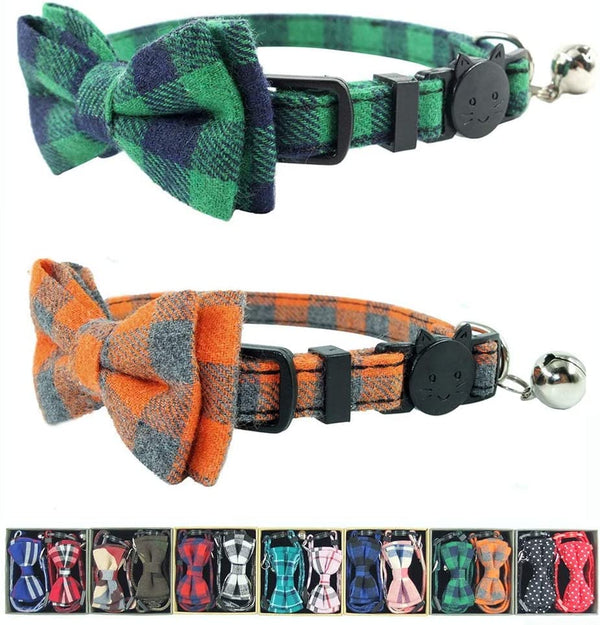 Cat Collar Breakaway with Bell and Bow Tie, Plaid Design Adjustable Safety Kitty Kitten Collars Set of 2 PCS (6.8-10.8In) (Green&Orange Plaid)