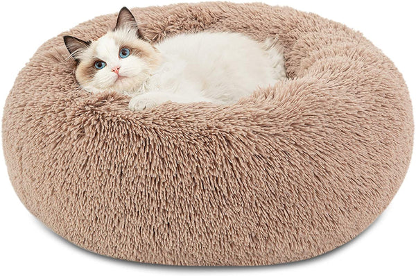 Calming Cat Beds for Indoor Cats - Small Cat Bed Washable 20 Inches, Anti-Slip round Fluffy Plush Faux Fur Pet Bed, Fits up to 15 Lbs Pets, Camel